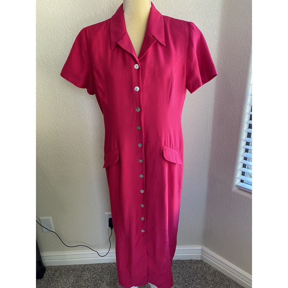Worthington Petite Short Sleeve Collared Dark Pink Magenta Long Dress SZ 12P